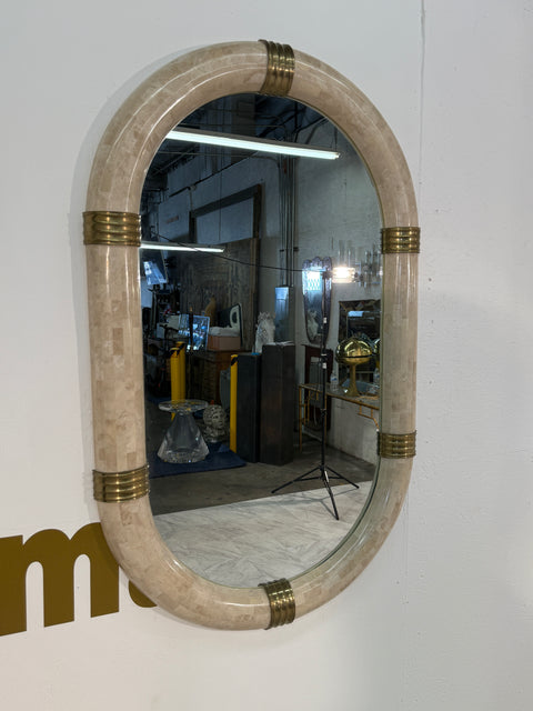 Italian Oval Mirror in Tessellated Stone with Brass Accents, 1980s