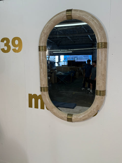 Italian Oval Mirror in Tessellated Stone with Brass Accents, 1980s
