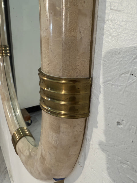 Italian Oval Mirror in Tessellated Stone with Brass Accents, 1980s