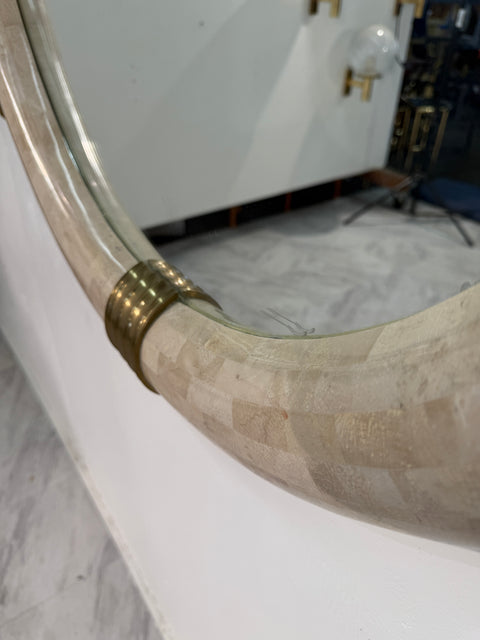 Italian Oval Mirror in Tessellated Stone with Brass Accents, 1980s