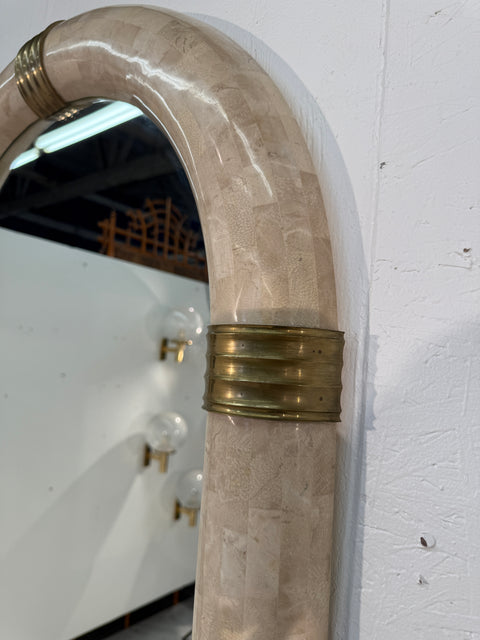 Italian Oval Mirror in Tessellated Stone with Brass Accents, 1980s