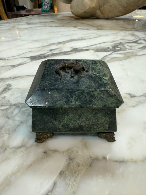 Green Marble Box with Bronze Accents and Animal Finial