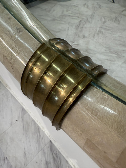 Italian Oval Mirror in Tessellated Stone with Brass Accents, 1980s