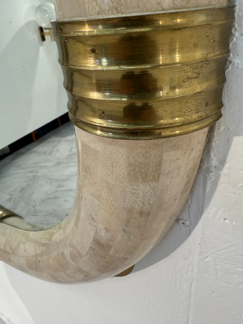 Italian Oval Mirror in Tessellated Stone with Brass Accents, 1980s