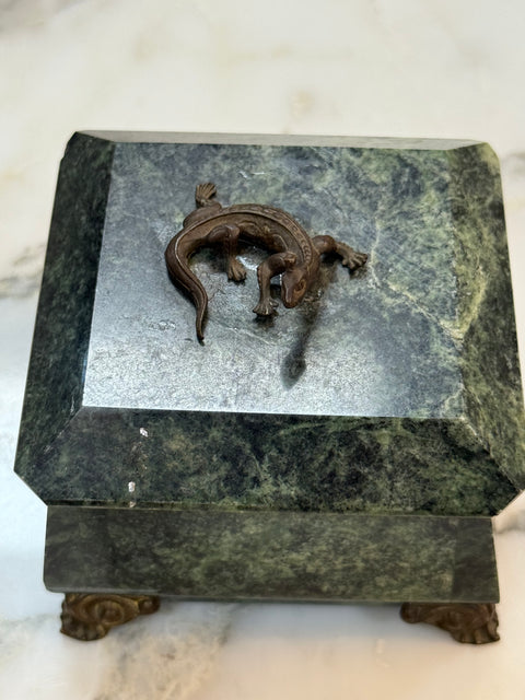 Green Marble Box with Bronze Accents and Animal Finial