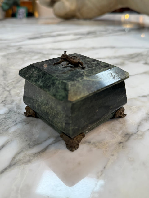 Green Marble Box with Bronze Accents and Animal Finial