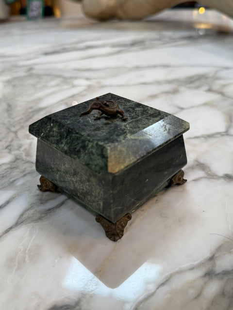 Green Marble Box with Bronze Accents and Animal Finial