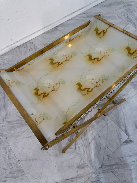 Folding Tray Table in Brass with Painted Glass Top, 1970s Italy