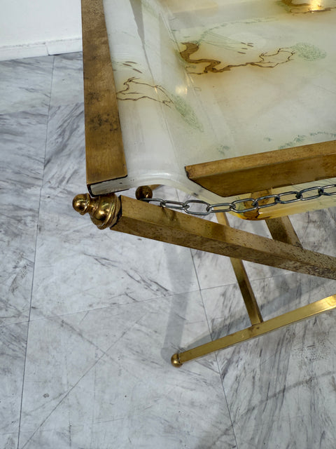 Folding Tray Table in Brass with Painted Glass Top, 1970s Italy