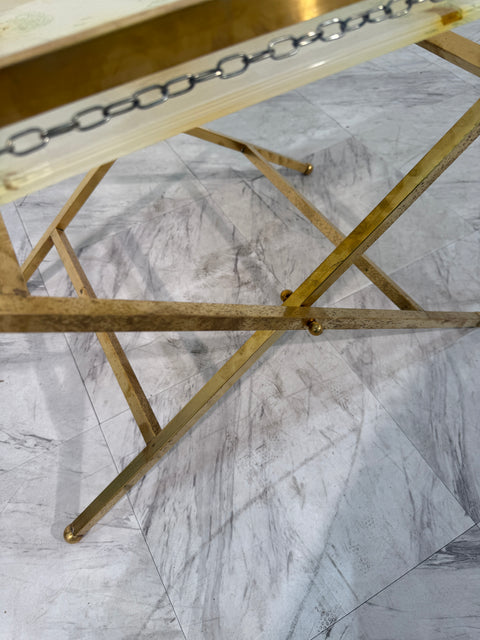 Folding Tray Table in Brass with Painted Glass Top, 1970s Italy