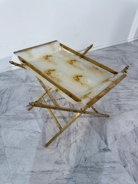 Folding Tray Table in Brass with Painted Glass Top, 1970s Italy