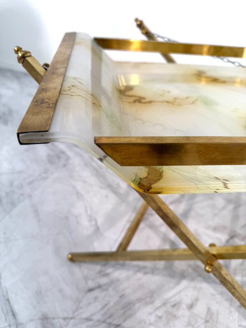 Folding Tray Table in Brass with Painted Glass Top, 1970s Italy