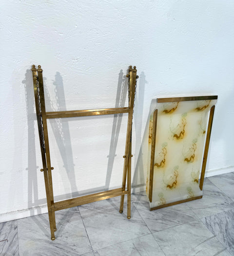 Folding Tray Table in Brass with Painted Glass Top, 1970s Italy