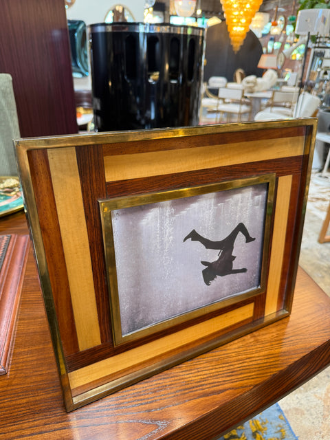 Mid-Century Modern Brass and Inlaid Wood Photo Frame
