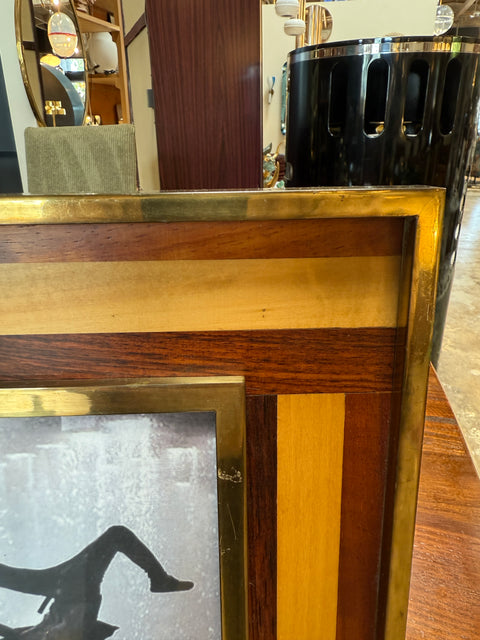 Mid-Century Modern Brass and Inlaid Wood Photo Frame
