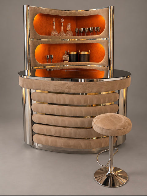 Mid-Century Modern Suede Bar by Willy Rizzo, Italy, 1970s Beige Suede and Metal