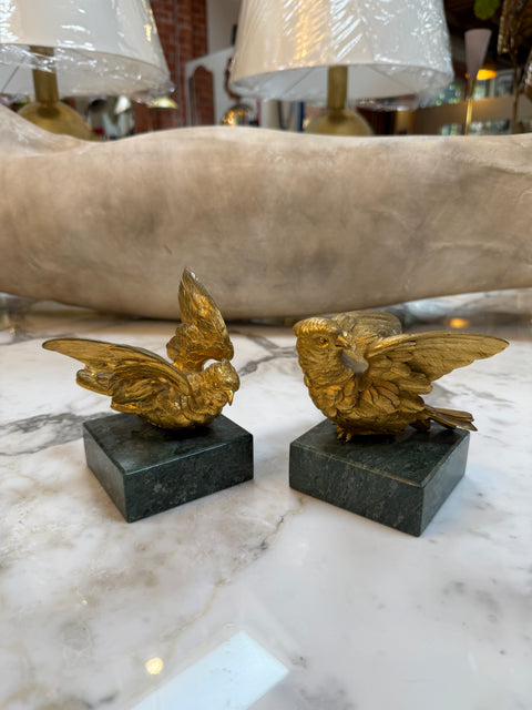 Pair of Gilded Bronze Bird Sculpture on Marble Base