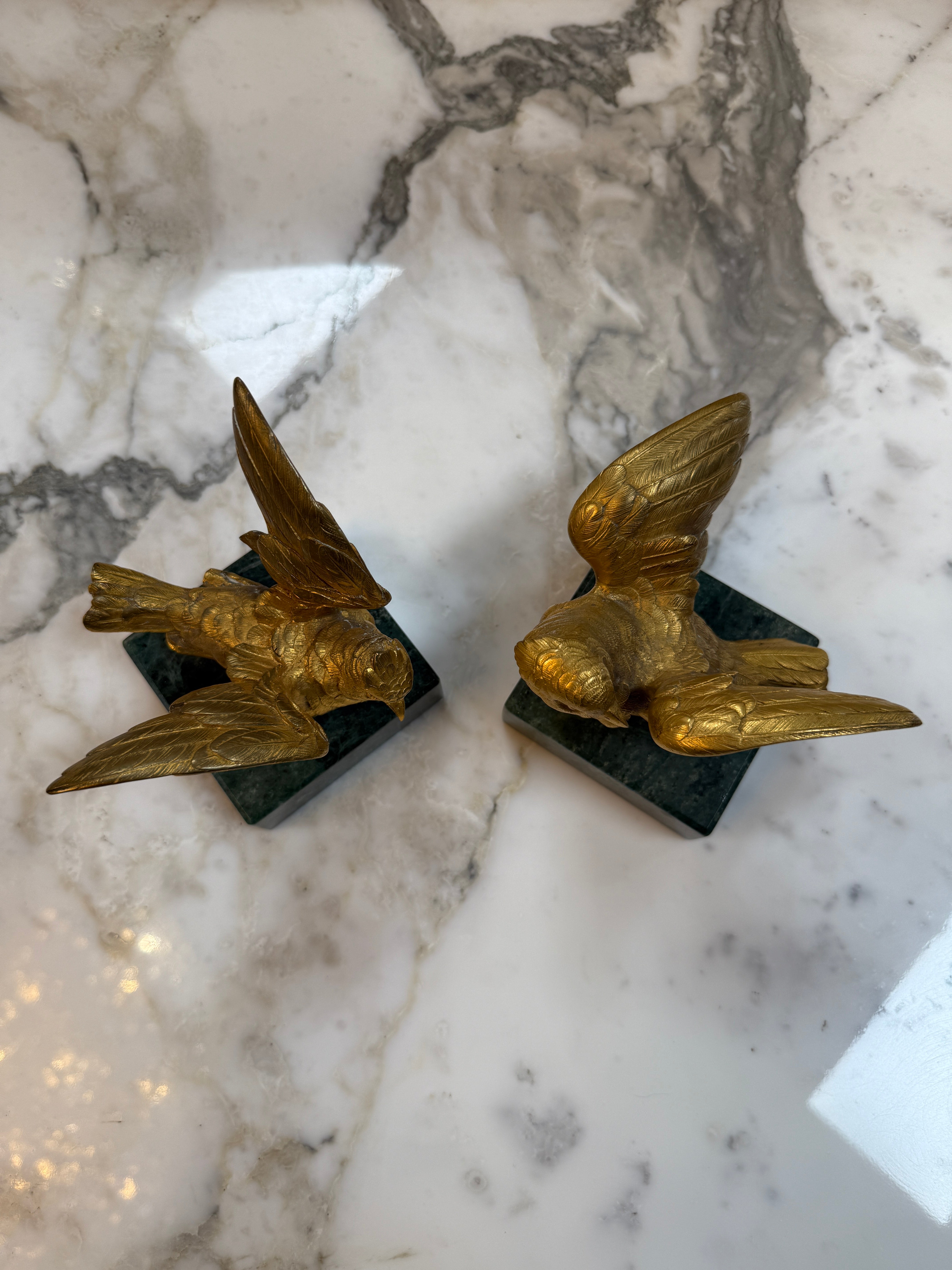 Pair of Gilded Bronze Bird Sculpture on Marble Base
