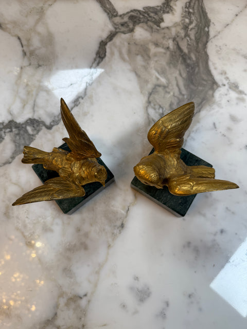 Pair of Gilded Bronze Bird Sculpture on Marble Base