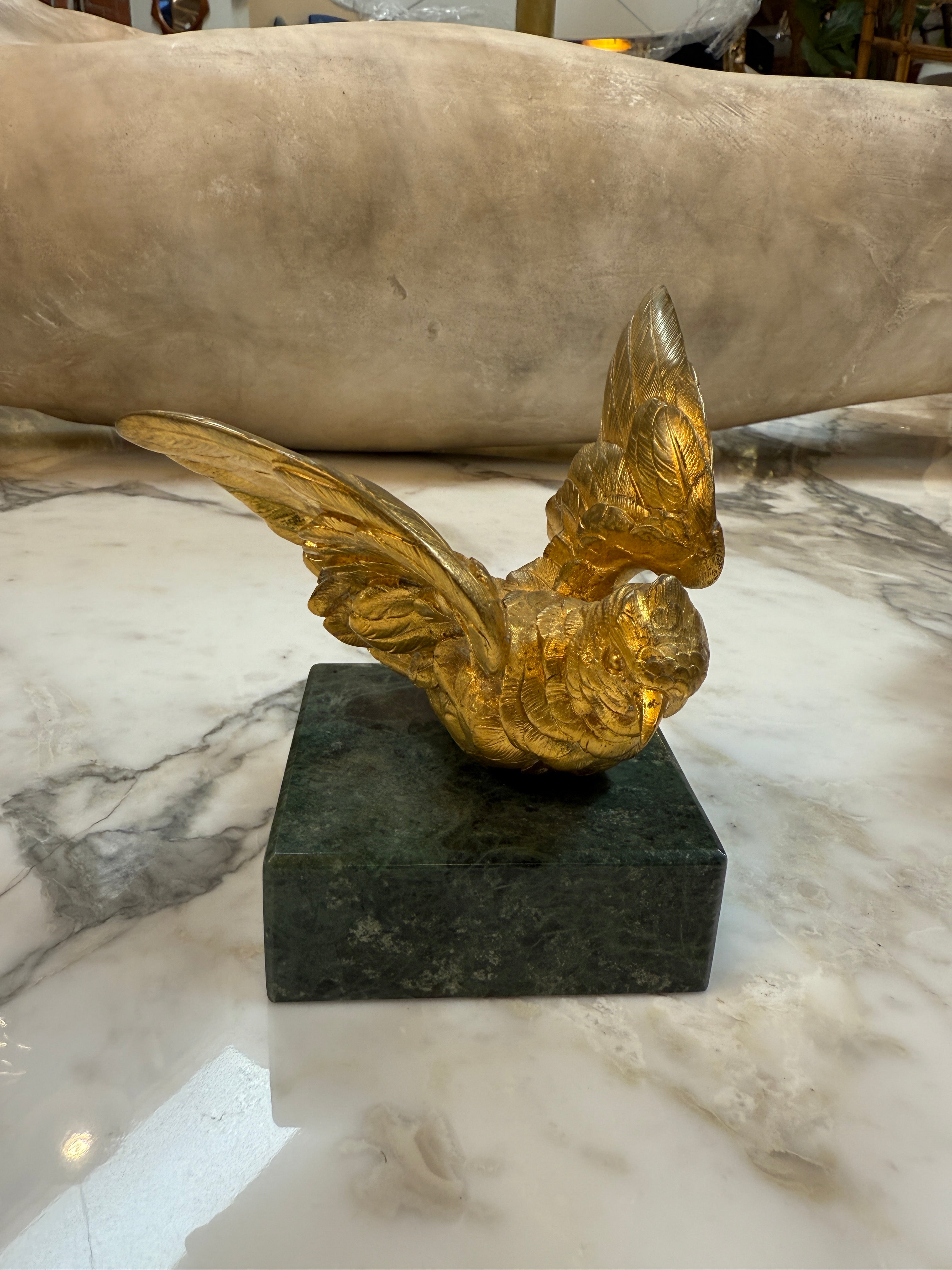 Pair of Gilded Bronze Bird Sculpture on Marble Base