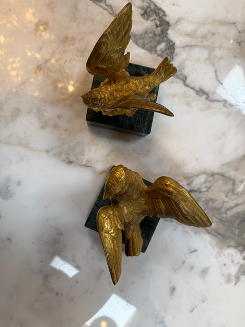 Pair of Gilded Bronze Bird Sculpture on Marble Base
