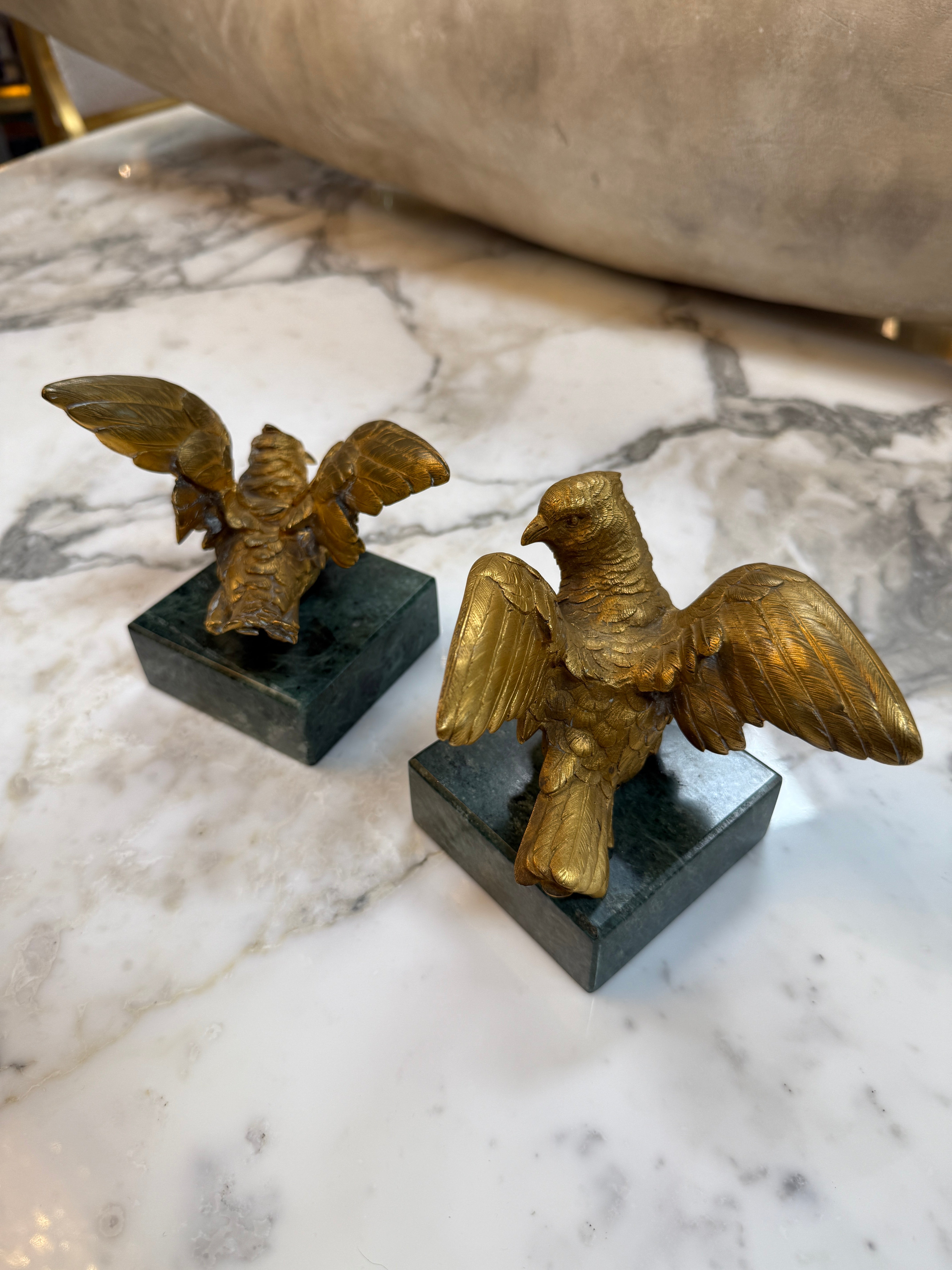 Pair of Gilded Bronze Bird Sculpture on Marble Base