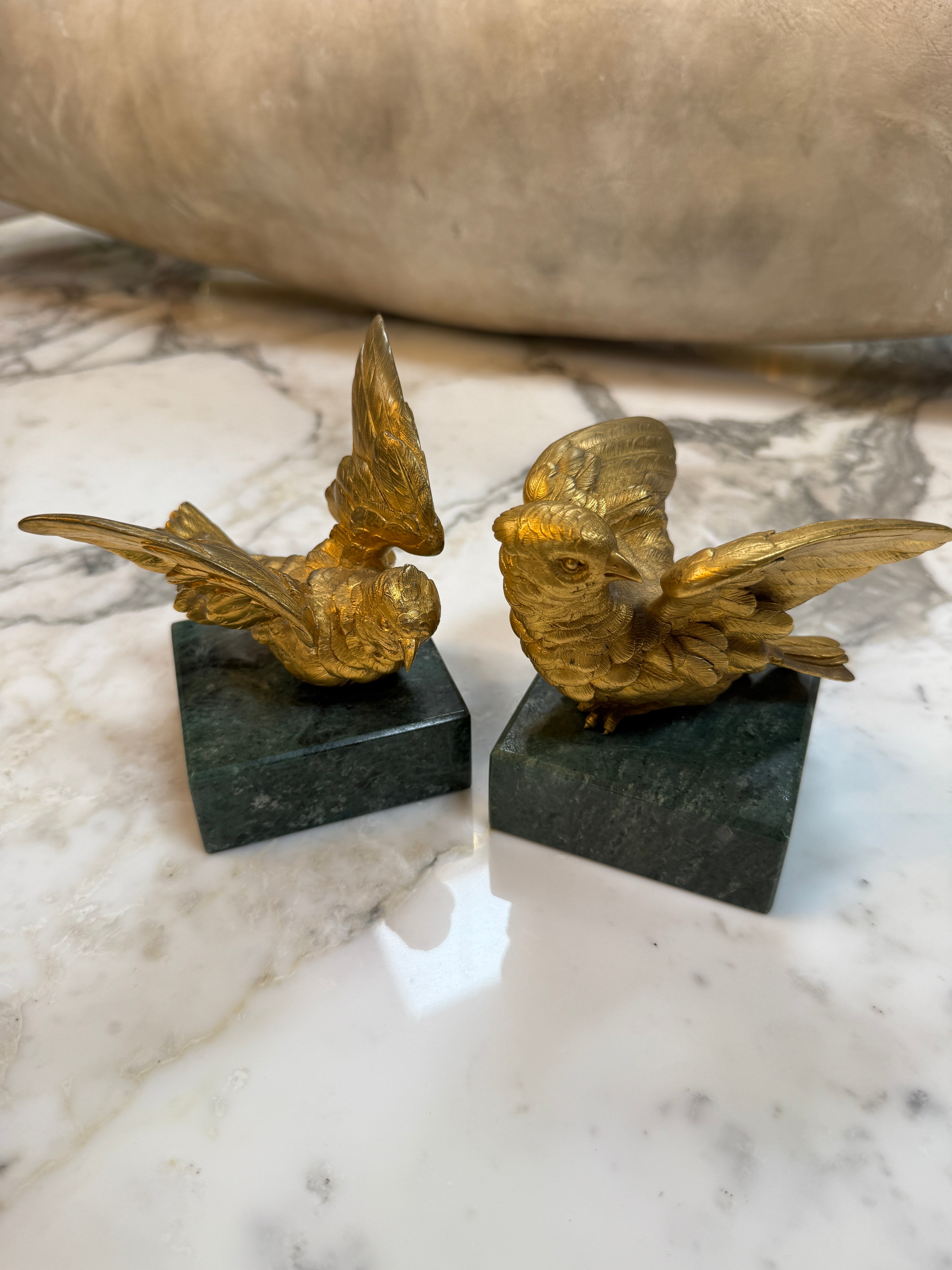 Pair of Gilded Bronze Bird Sculpture on Marble Base