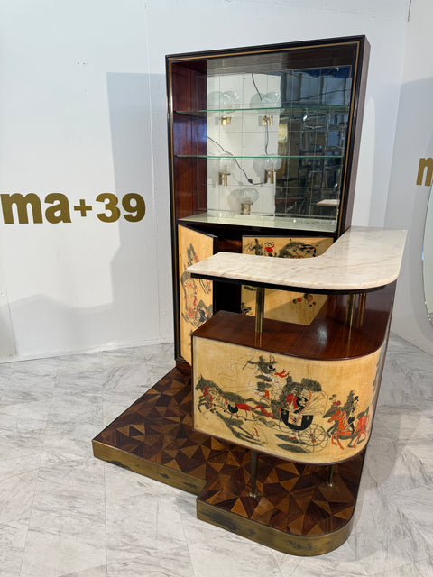 Italian Bar Cabinet with Reverse Painted Panels and Marble Top, 1950s Attributed to Ico Parisi