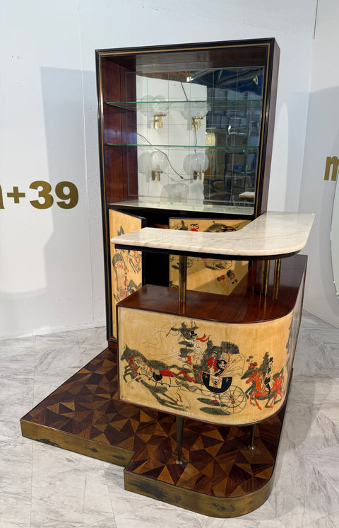Italian Bar Cabinet with Reverse Painted Panels and Marble Top, 1950s Attributed to Ico Parisi