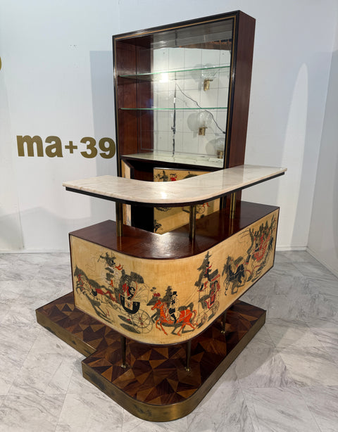 Italian Bar Cabinet with Reverse Painted Panels and Marble Top, 1950s Attributed to Ico Parisi