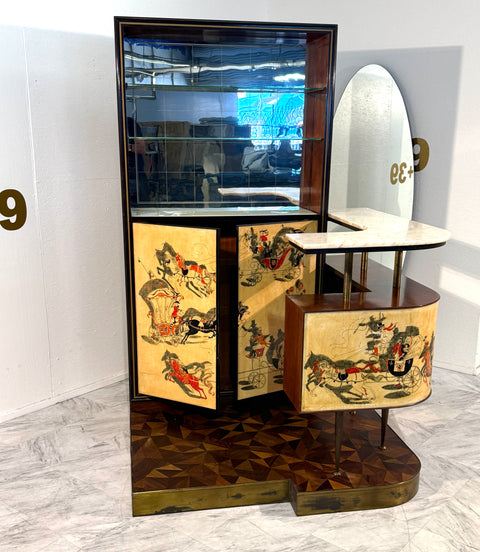 Italian Bar Cabinet with Reverse Painted Panels and Marble Top, 1950s Attributed to Ico Parisi