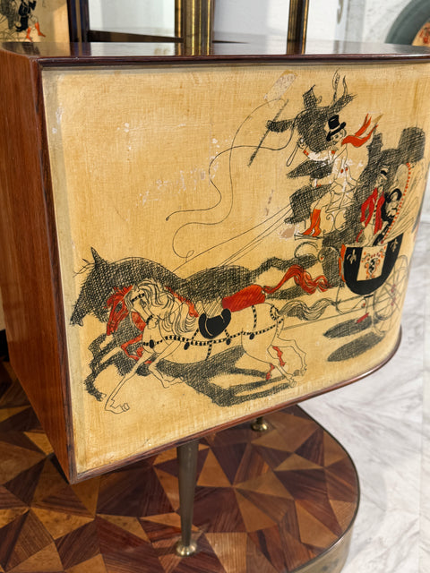 Italian Bar Cabinet with Reverse Painted Panels and Marble Top, 1950s Attributed to Ico Parisi