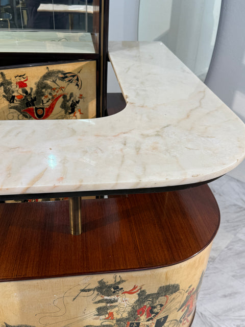 Italian Bar Cabinet with Reverse Painted Panels and Marble Top, 1950s Attributed to Ico Parisi