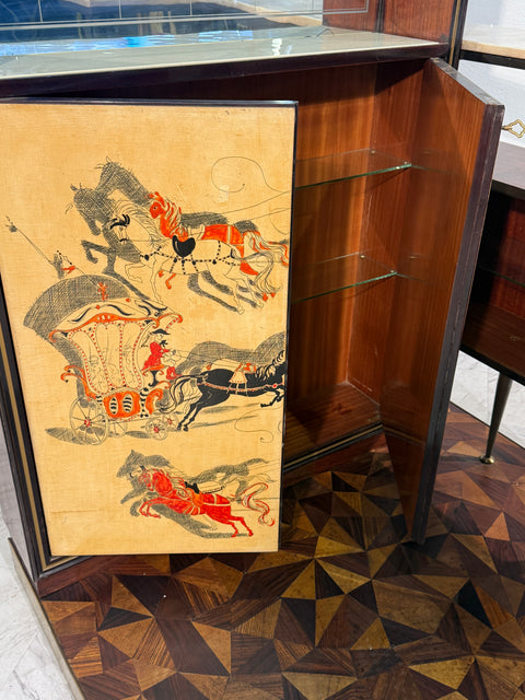 Italian Bar Cabinet with Reverse Painted Panels and Marble Top, 1950s Attributed to Ico Parisi