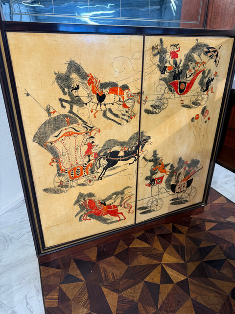 Italian Bar Cabinet with Reverse Painted Panels and Marble Top, 1950s Attributed to Ico Parisi