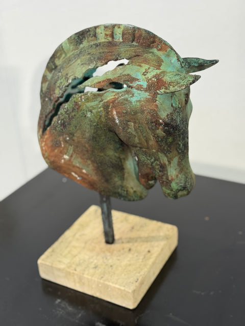 Bronze Horse Head Sculpture on Travertine Base