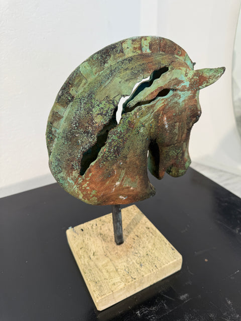 Bronze Horse Head Sculpture on Travertine Base