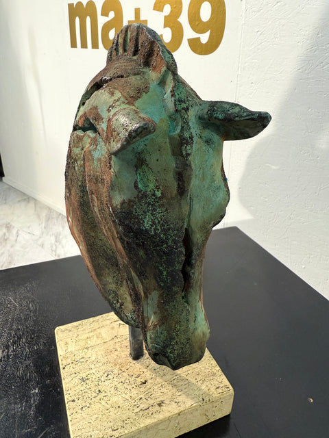 Bronze Horse Head Sculpture on Travertine Base