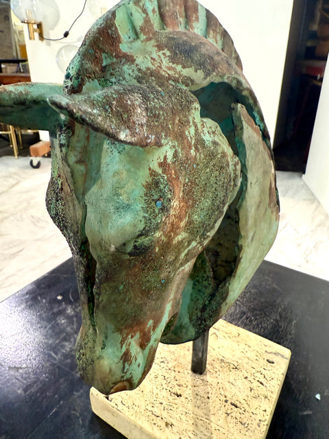 Bronze Horse Head Sculpture on Travertine Base