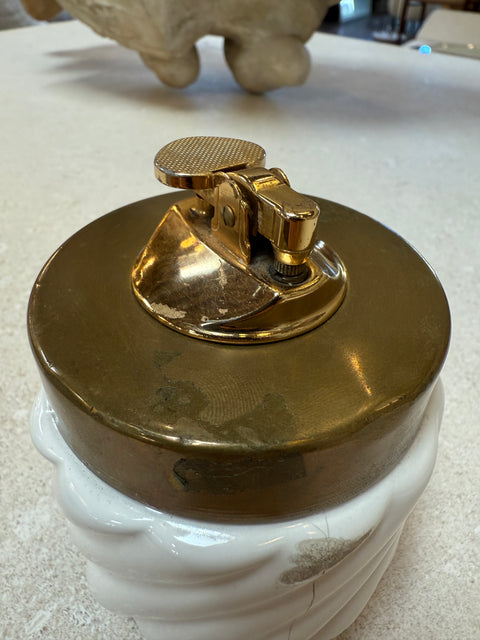 Tommaso Barbi Brass and Ceramic Table Lighter, Italy, 1970s