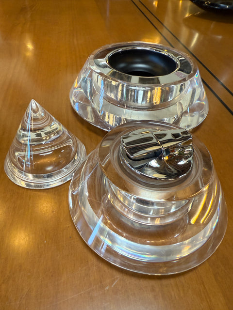 Lucite and Chrome Conical Lighter and Ashtray Set, Italy, 1970s