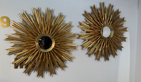 Set of 2, 1970s Vintage Italian Sunburst Gilded Wall Mirror