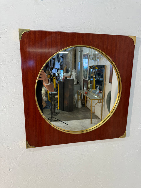 Mid-Century Modern Square Wall Mirror with Brass Accents