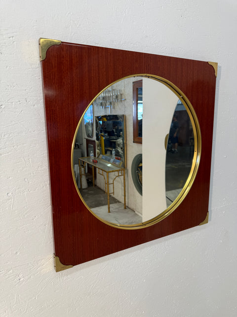 Mid-Century Modern Square Wall Mirror with Brass Accents