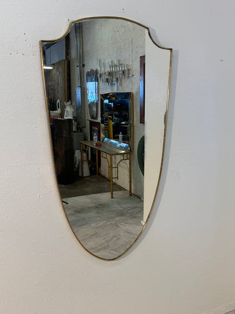 Mid-Century Brass Framed Shield-Form Wall Mirror
