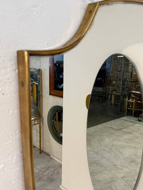Mid-Century Brass Framed Shield-Form Wall Mirror