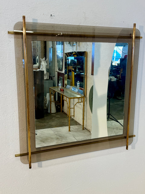 Mid-Century Modern Brass & Smoked Glass Wall Mirror 1970s