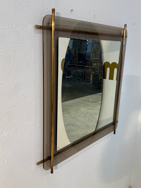Mid-Century Modern Brass & Smoked Glass Wall Mirror 1970s