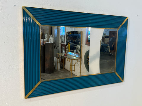 Mid-Century Italian Mirror with Teal Ribbed Frame and Brass Accents 1970s
