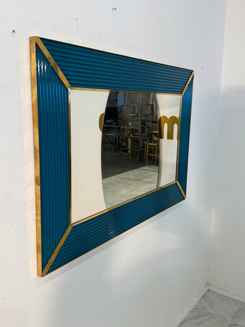 Mid-Century Italian Mirror with Teal Ribbed Frame and Brass Accents 1970s